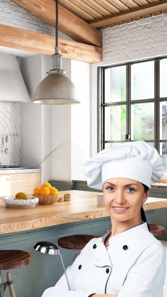 Susan Miller, a cheerful 44-year-old English woman with a warm smile, standing in her cozy kitchen with a wooden spoon in hand, surrounded by simple home-cooked dishes