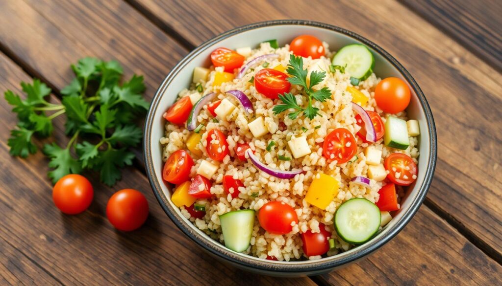 This vibrant Quinoa and Veggie Salad is a nutritious and light meal, perfect for a healthy lunch or a side dish. With a mix of quinoa, fresh vegetables like cucumber, bell peppers, and cherry tomatoes, and a tangy lemon vinaigrette, this salad is not only delicious but also packed with protein, fiber, and essential vitamins. It's refreshing, easy to make, and great for meal prepping!
