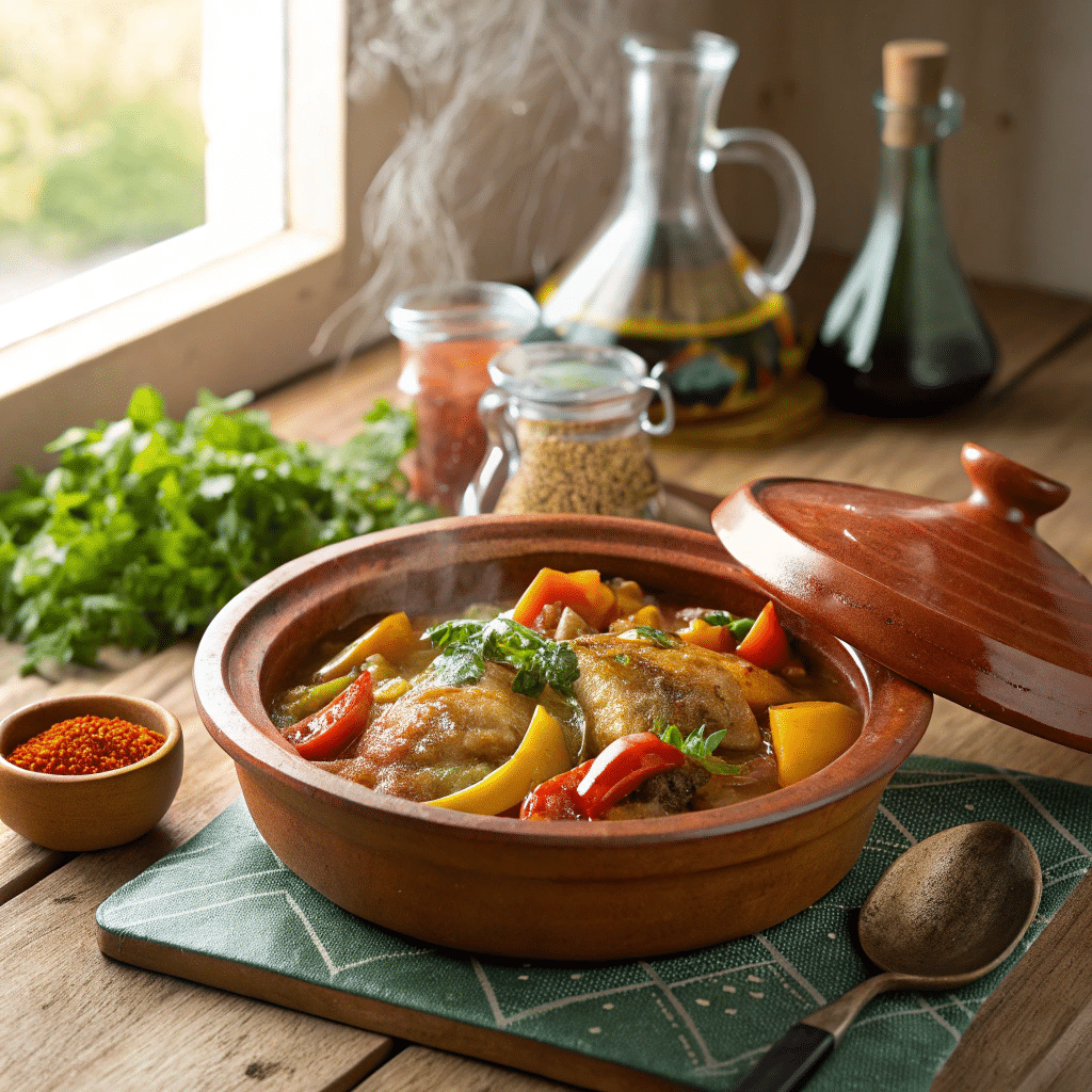 Moroccan Fish Tagine Recipe: Authentic and Healthy 2 Cooked Moroccan Fish Tagine recipe with vegetables and sauce in a traditional clay dish