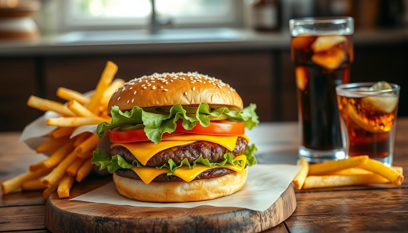 The Ultimate Classic American Cheeseburger is a mouthwatering take on the beloved classic. This burger features a perfectly seasoned beef patty, grilled to juicy perfection, and topped with melted cheddar cheese, crispy bacon, fresh lettuce, juicy tomato, and tangy pickles—all nestled between a soft, toasted bun. Whether you're grilling in the backyard or cooking on the stovetop, this cheeseburger is a crowd-pleaser for any occasion. Serve it with a side of crispy fries or onion rings, and you’ve got the perfect American comfort meal.