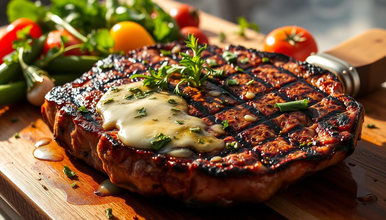 Savor the ultimate steak experience with this grilled masterpiece. Tender, perfectly seared steak is finished with a luxurious garlic herb butter that melts into every bite, adding layers of flavor. Ideal for special dinners or weekend grilling, this dish brings steakhouse quality to your home.