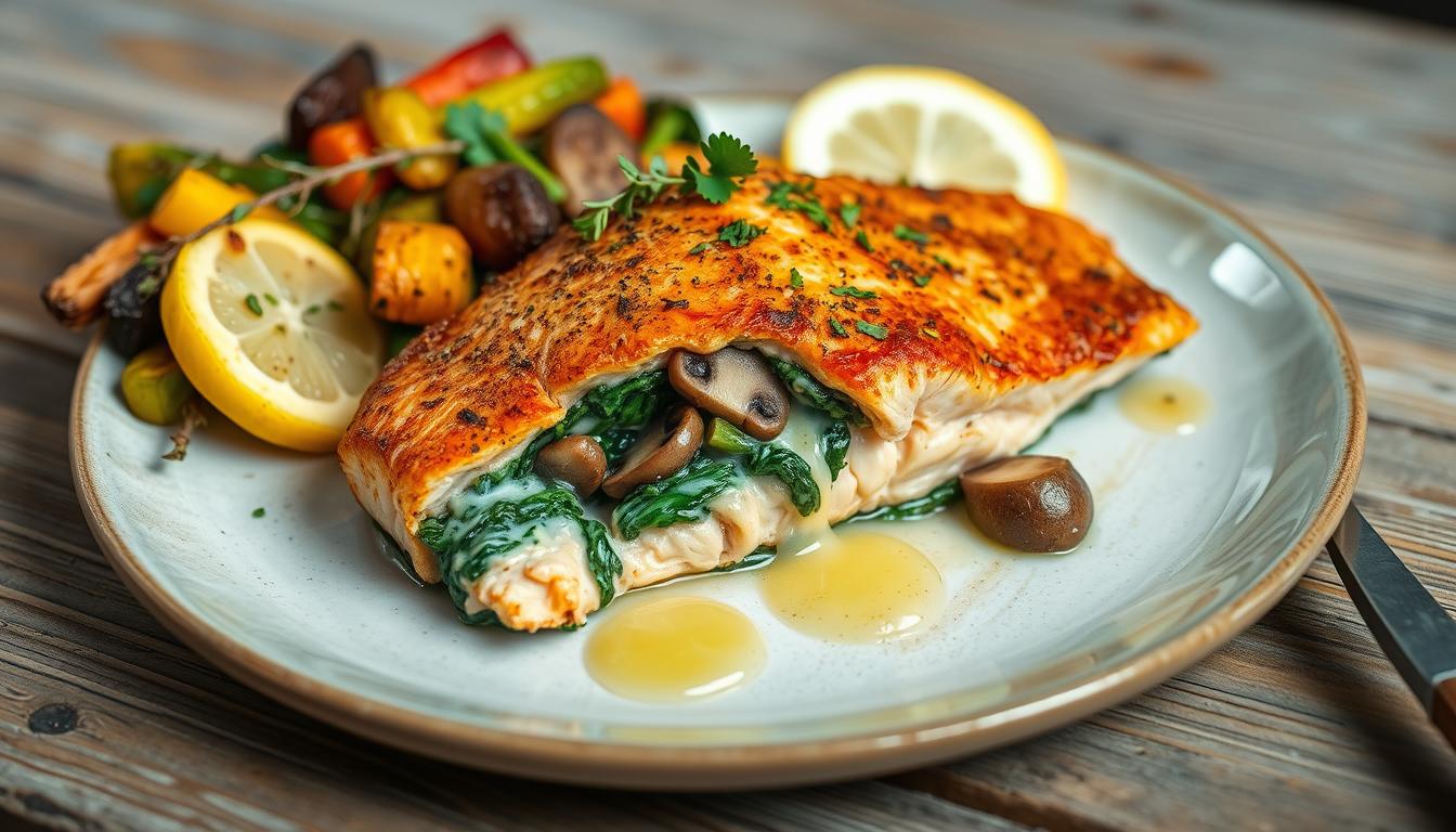Indulge in this delicious Creamy Spinach and Mushroom Stuffed Salmon, a dish that combines the richness of perfectly cooked salmon with a creamy, savory filling of spinach and mushrooms. The creamy filling perfectly complements the tender salmon, creating a dish that’s both indulgent and nutritious. Ideal for a special dinner or a gourmet meal, this recipe is sure to impress your guests and satisfy your taste buds with its luxurious flavor.