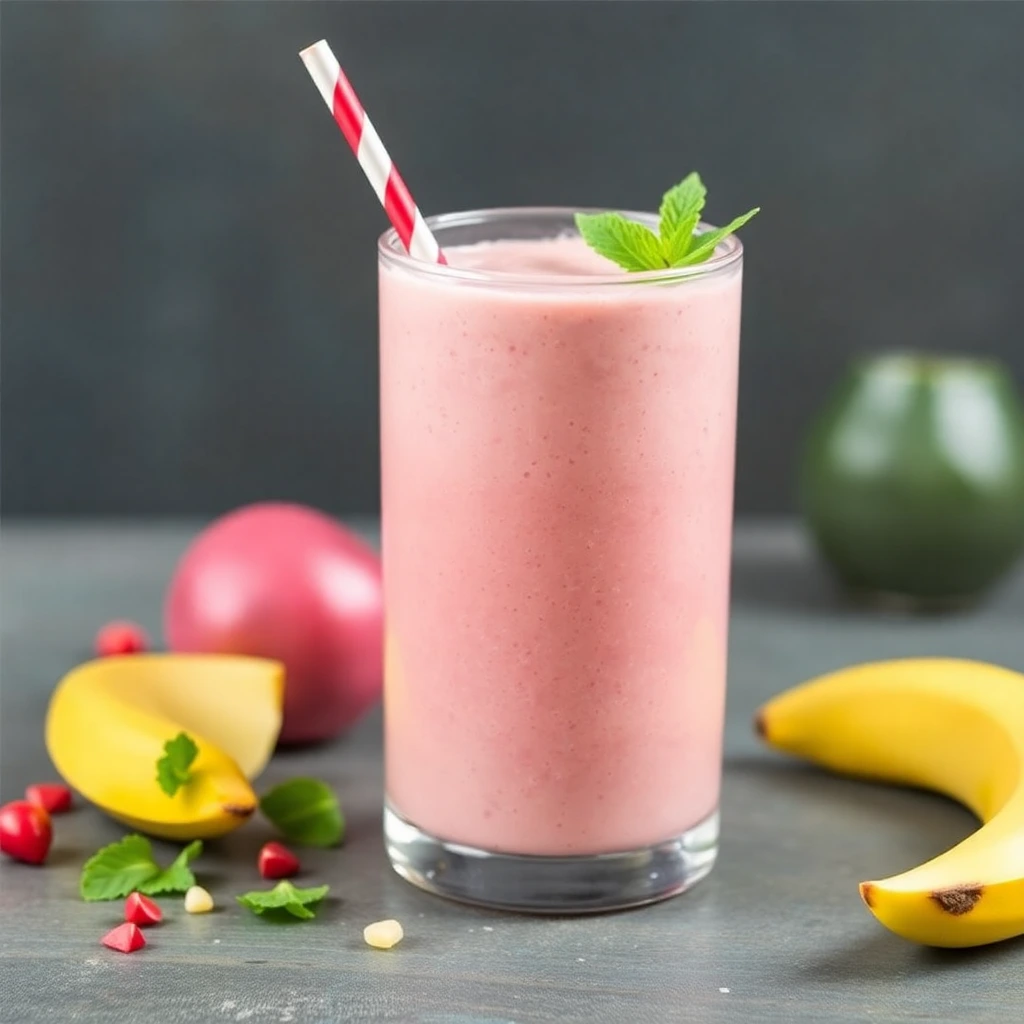 Tropical chicken and pineapple smoothie served in a mason jar with a pineapple wedge