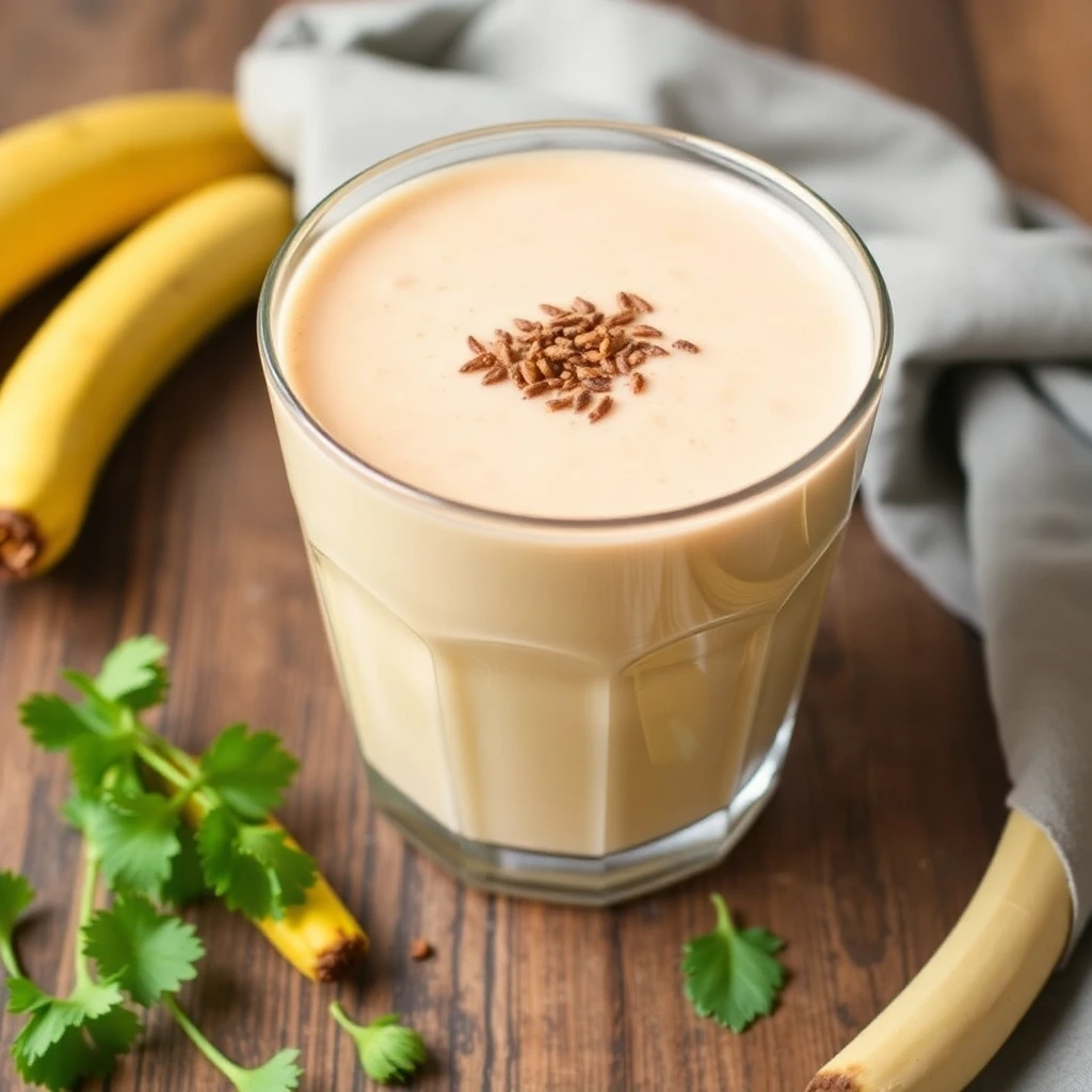 Spicy ginger chicken smoothie in a glass, topped with a slice of fresh ginger