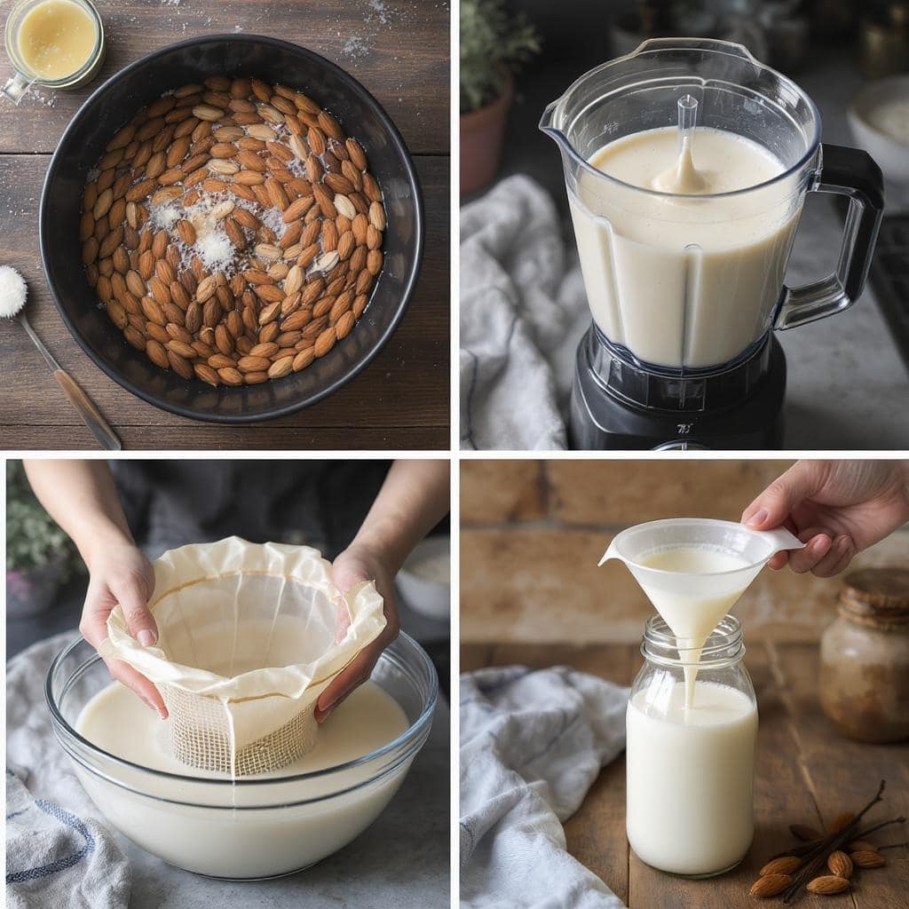 soaking almonds, blending almond milk, straining with nut bag, pouring into bottle