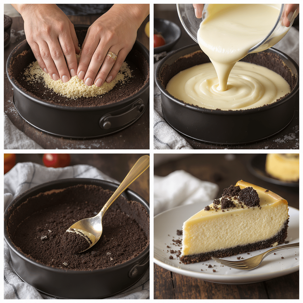 pressing-oreo-protein-cheesecake-crust.jpg Pressing Oreo crust for high protein cheesecake