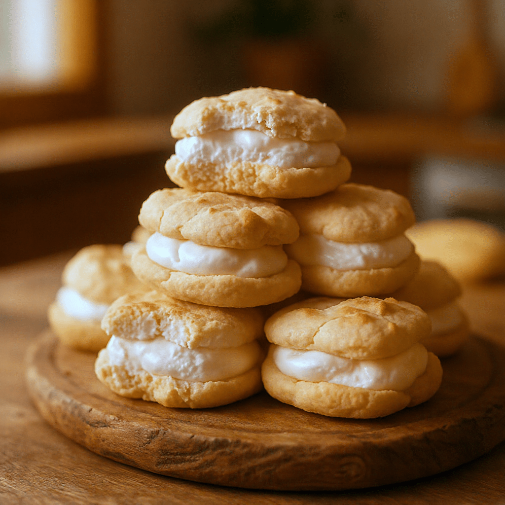 Pavlova cookies stacked on board
