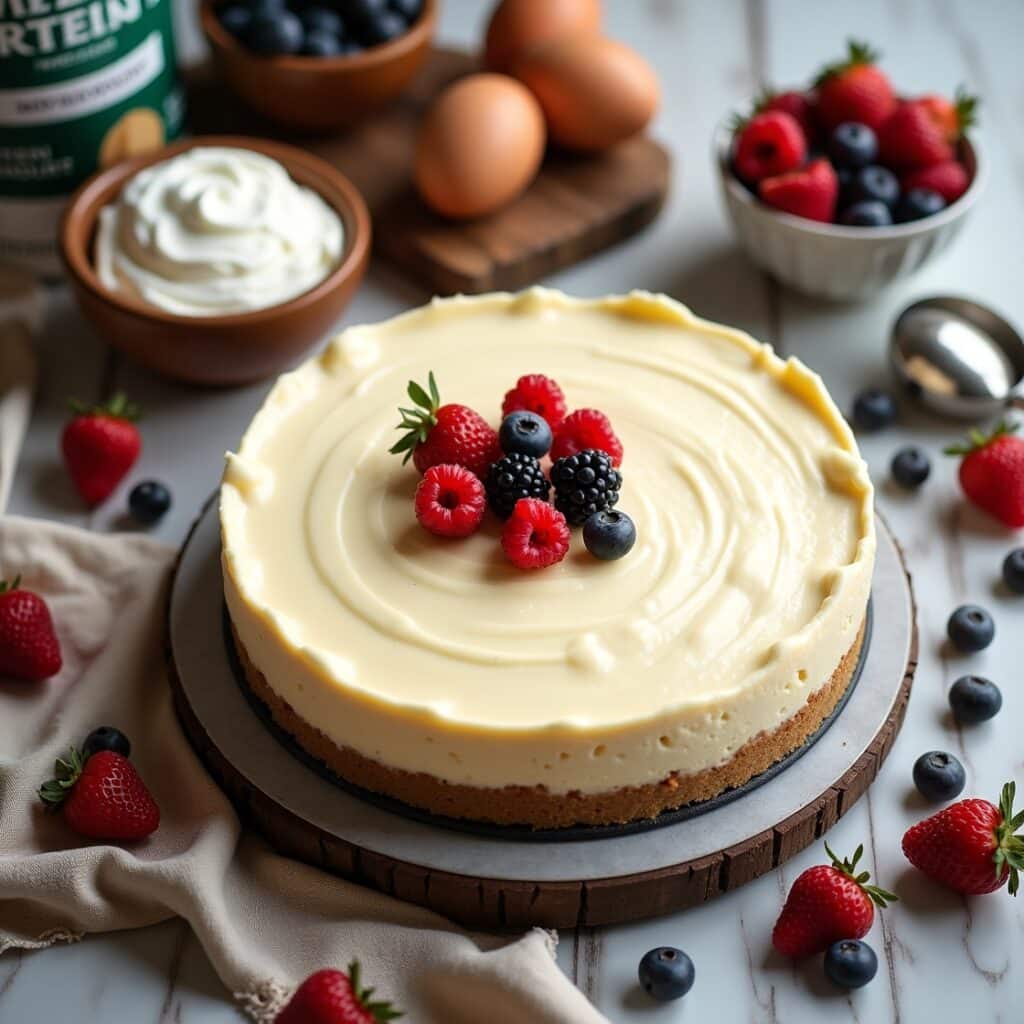 High protein cheesecake whole and sliced with ingredients