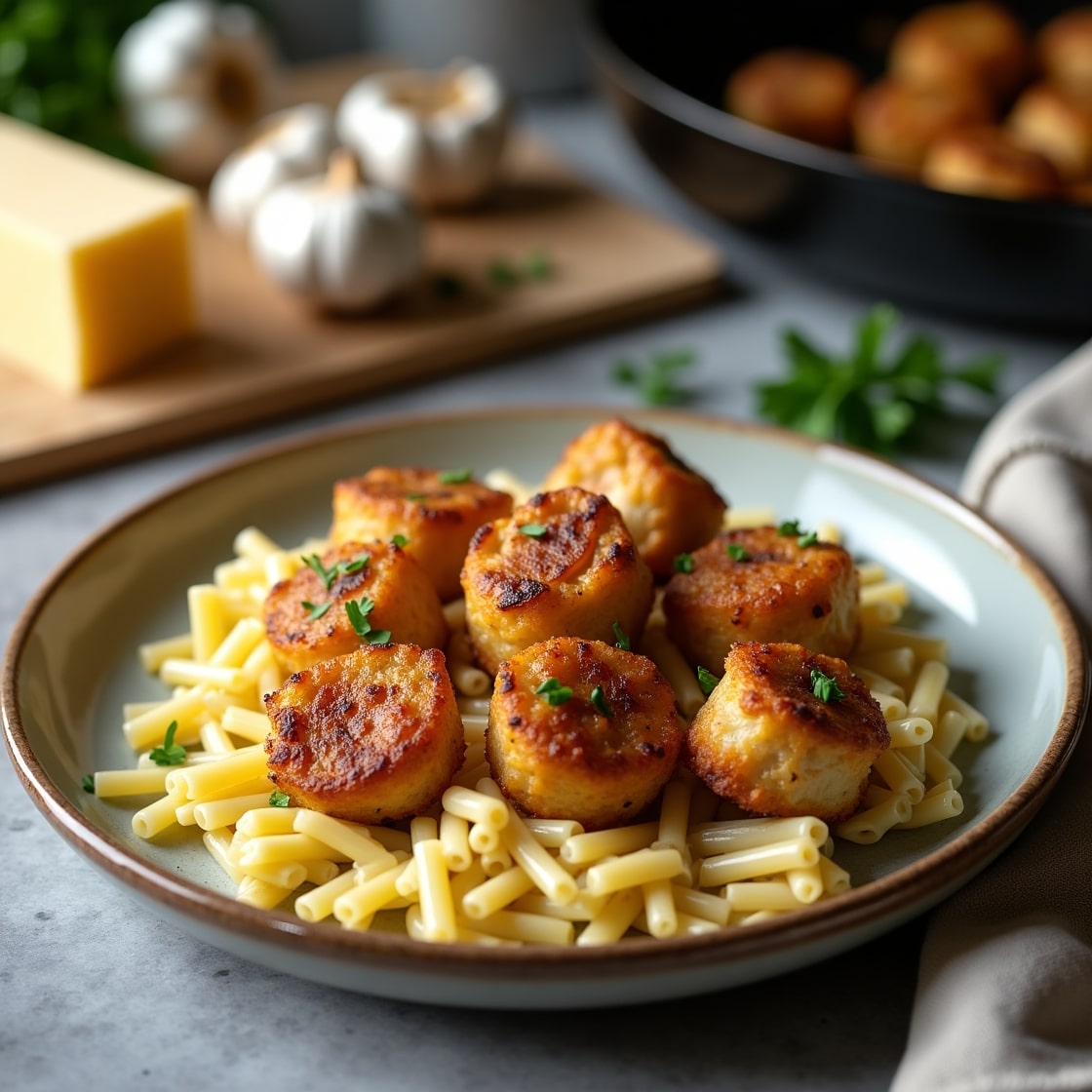Garlic Parmesan Chicken Bites with Creamy Rotini