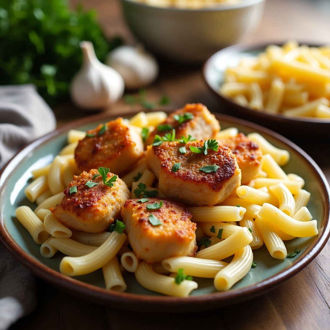Ingredients for Garlic Parmesan Chicken Bites and Creamy Rotini