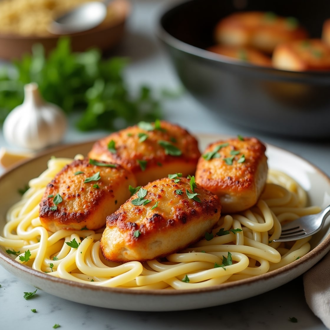 Served Garlic Parmesan Chicken Bites with Creamy Rotini