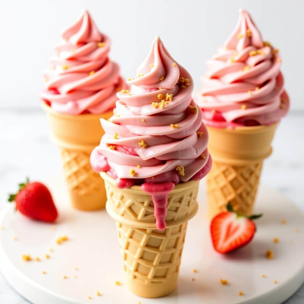 Homemade strawberry shortcake ice cream in cones