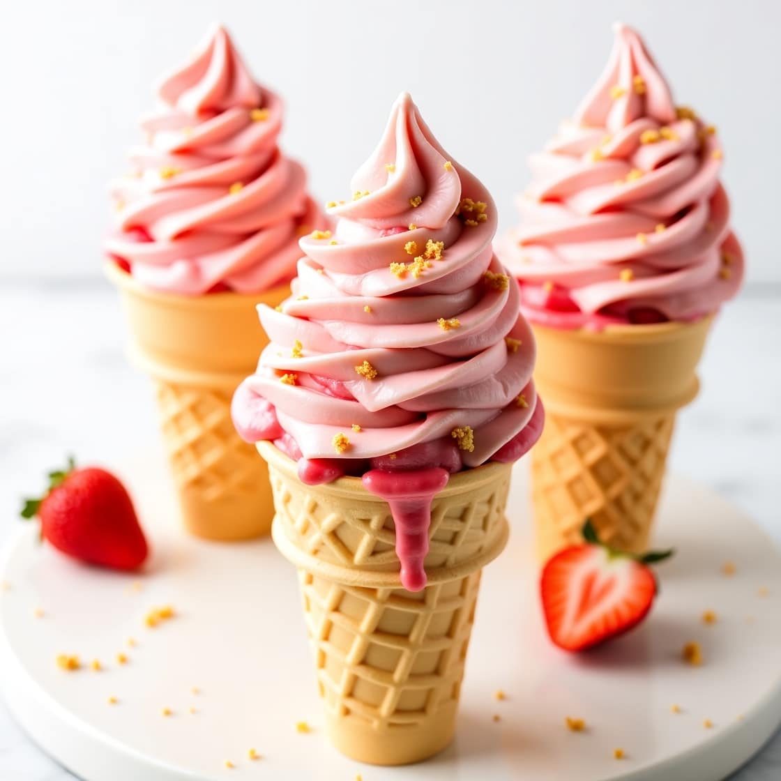 Homemade strawberry shortcake ice cream in cones