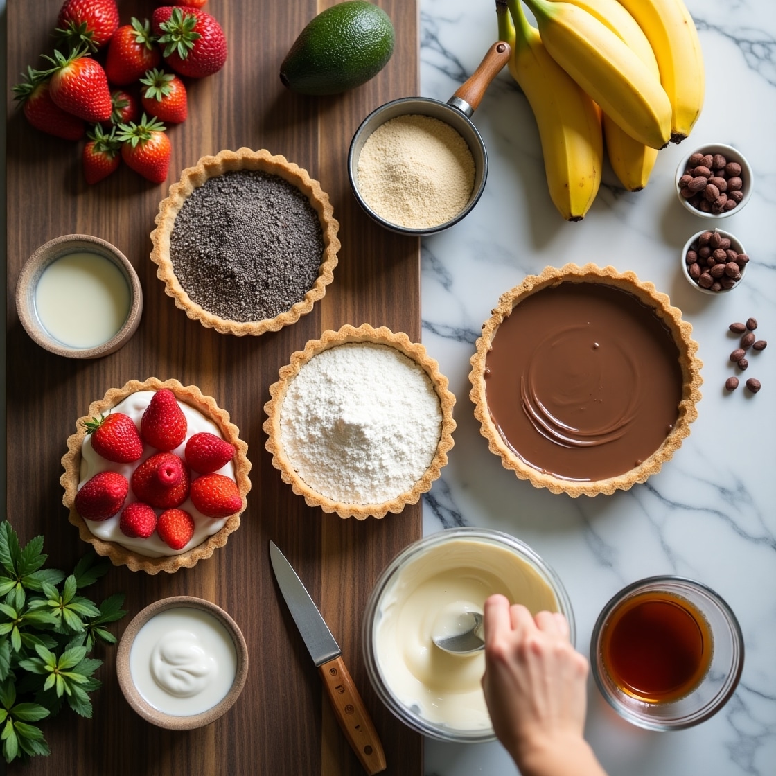 Vegan desserts flat lay on rustic table