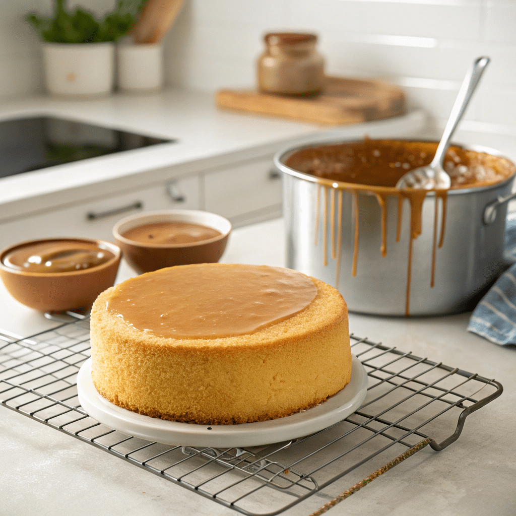 butterscotch-cake-with-caramel-frosting a round sponge cake cooling on a wire rack beside