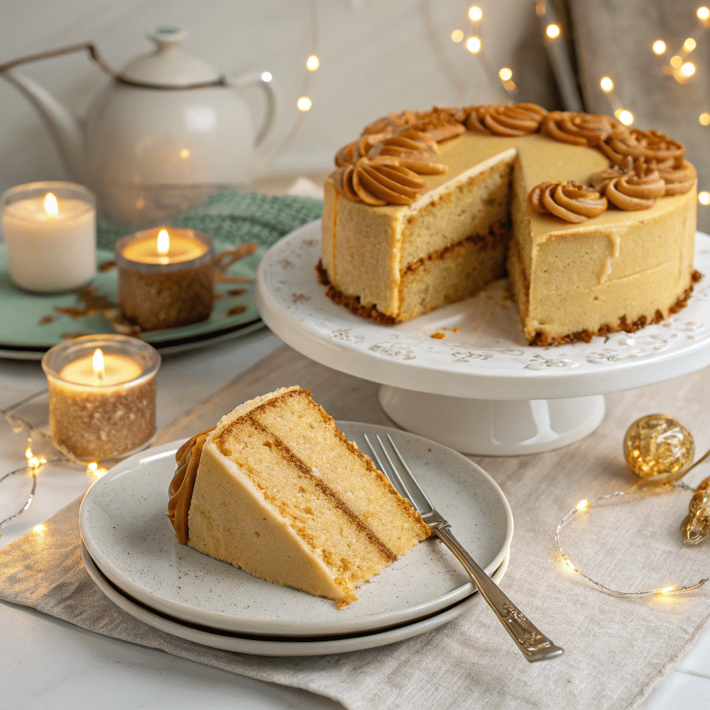 butterscotch-cake-with-caramel-frosting a sliced butterscotch cake with caramel frosting o