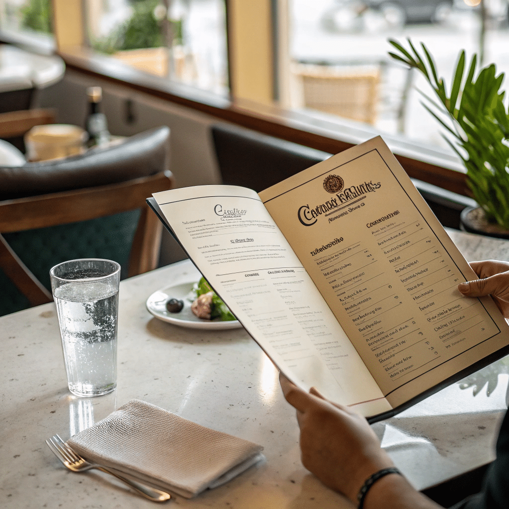 Decoding the Cheesecake Factory Menu A hand holding an open Cheesecake Factory menu at a casual restaurant table with a water glass and napkin in natural light.