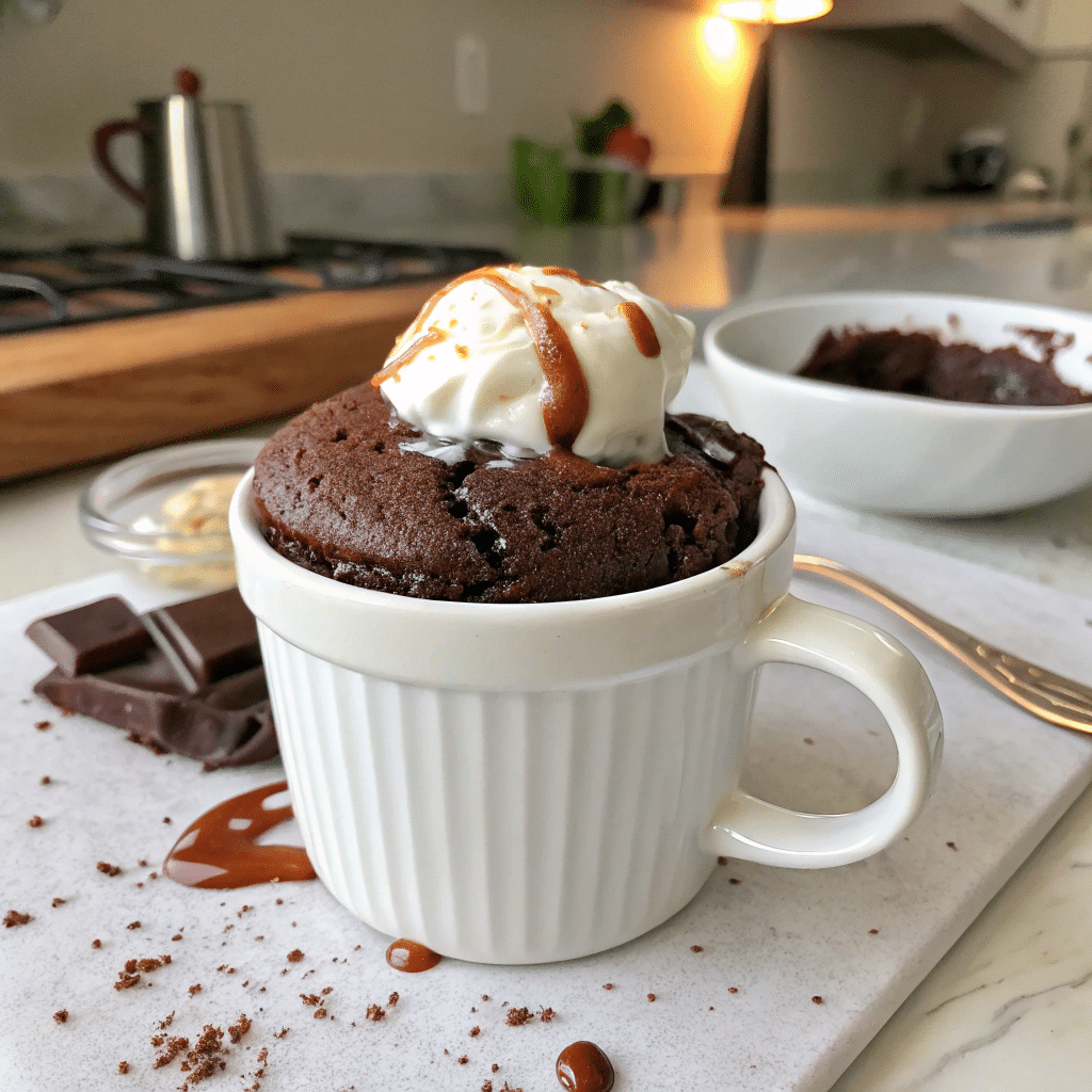 Topped Chocolate Protein Mug Cake in a Real Kitchen Chocolate mug cake topped with yogurt and berries in everyday kitchen