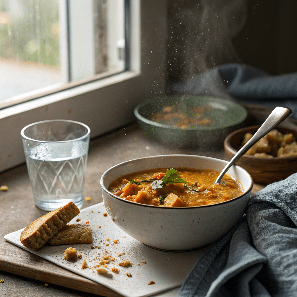Bowl of creamy vegan curry soup with spoon on rustic kitchen table.