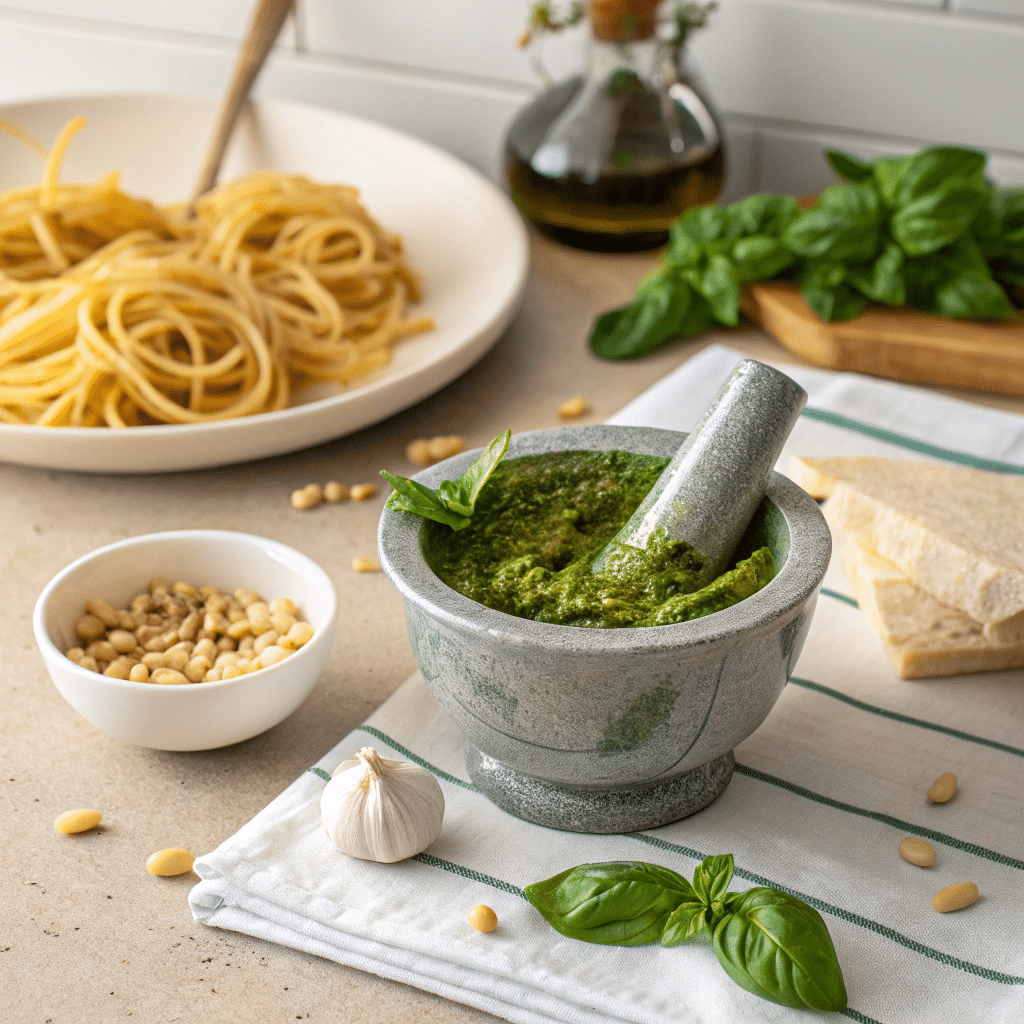 Fresh Basil Pesto for Italian Pasta bright green pesto in mortar and pestle beside a b