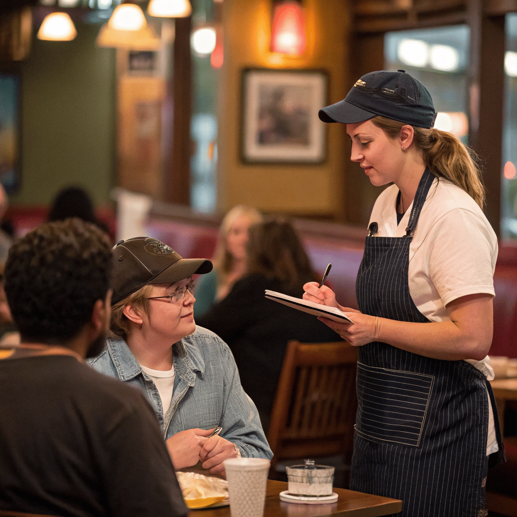 Talking to Your Server A diner speaking to a Cheesecake Factory server at the table, both mid-conversation in a casual setting.