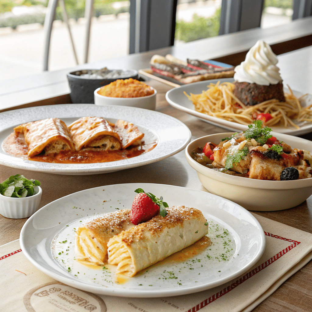 Gluten-Free Variety at the Table Table full of various gluten-free dishes at the Cheesecake Factory gluten-free menu, slightly messy and casually enjoyed.