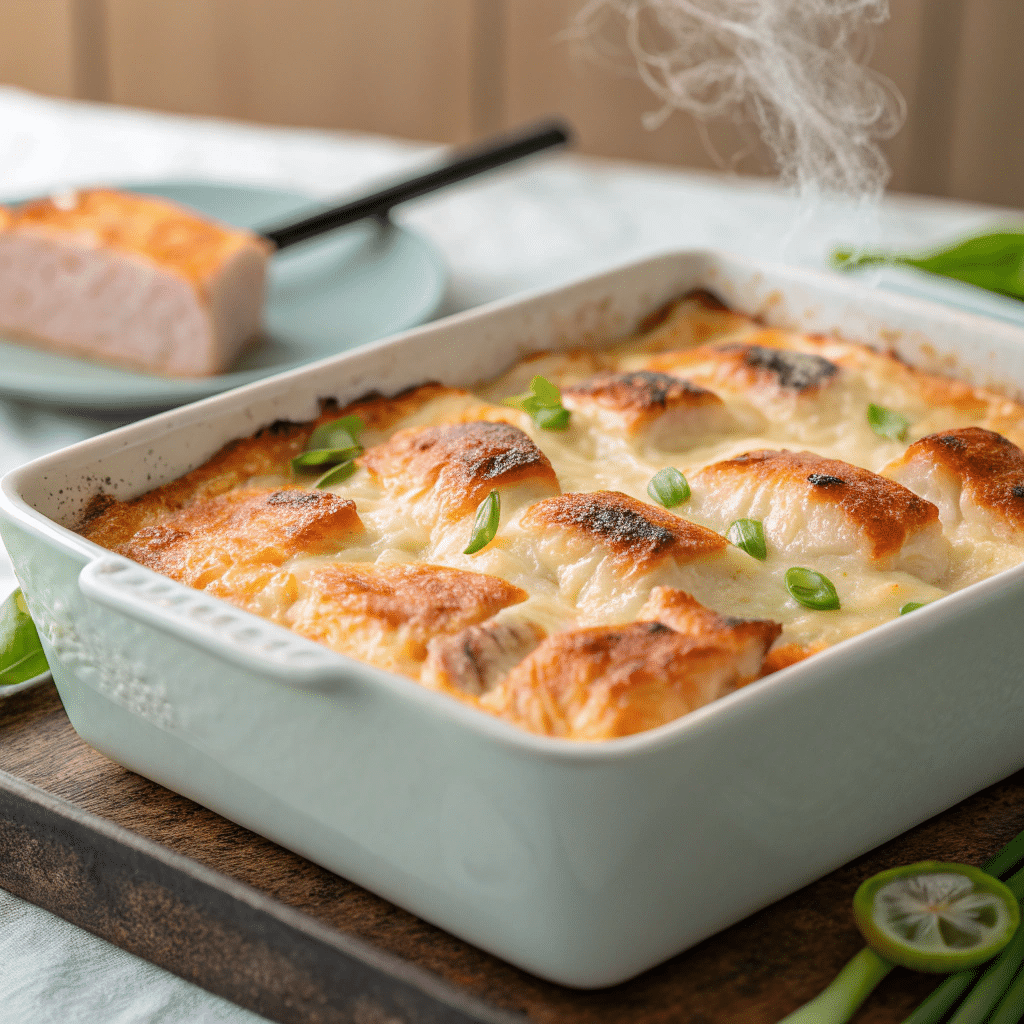 salmon-sushi-bake-recipe Salmon sushi bake with creamy topping and furikake
