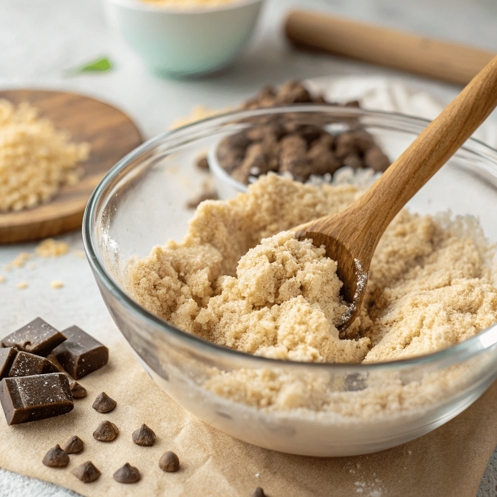 mixing-almond-flour-cookie-dough. close up of a mixing bowl with cookie dough being