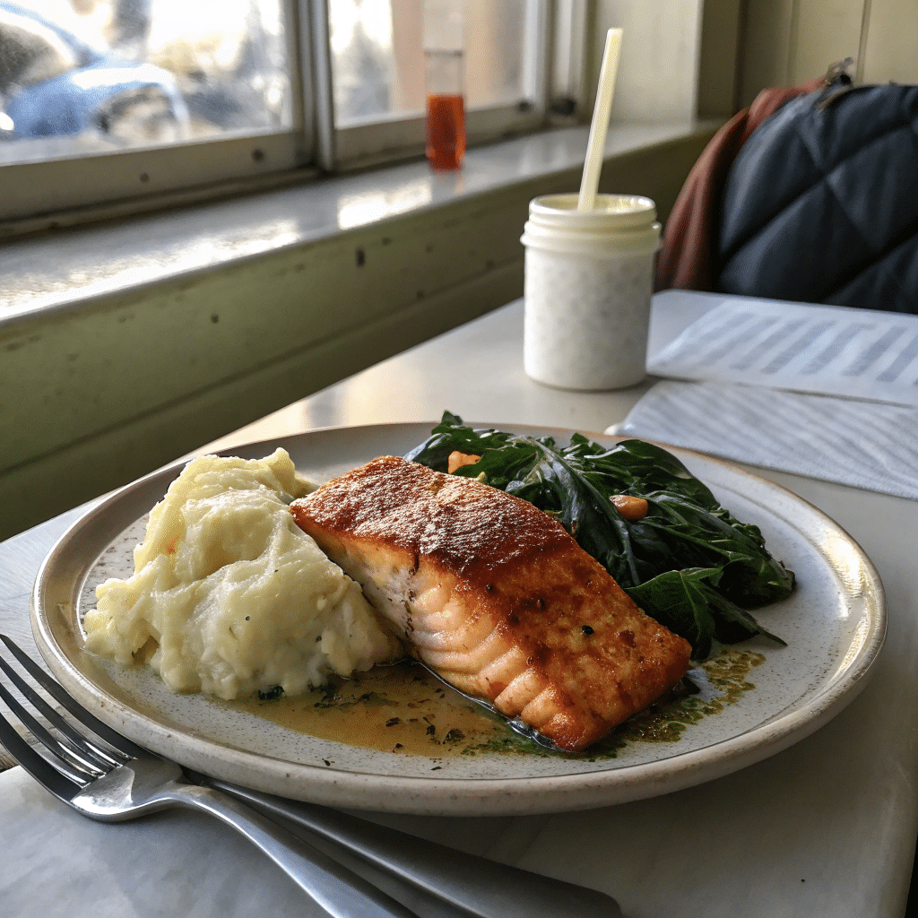 Cajun Salmon with Sides Plate of Cajun Salmon with sides, fork resting on the dish, in natural restaurant lighting.