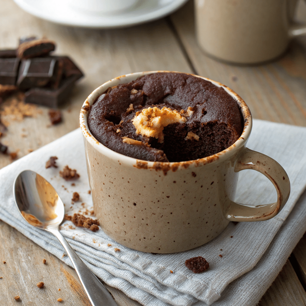 21 Delicious Protein Powder Recipes for Every Meal of the Day 2 Close-up of chocolate protein mug cake in ceramic mug with peanut butter center