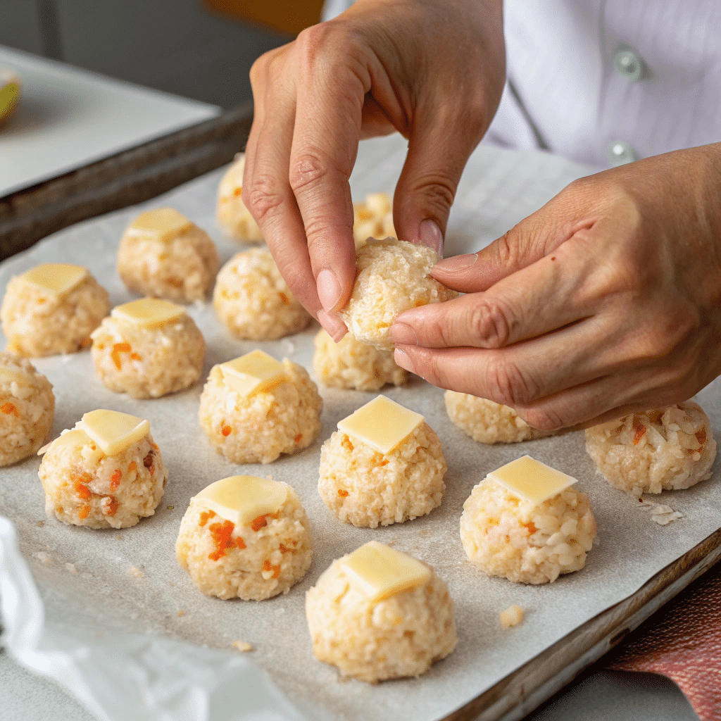 shaping-kimchi-cheese-rice-balls Shaping kimchi and cheese rice balls