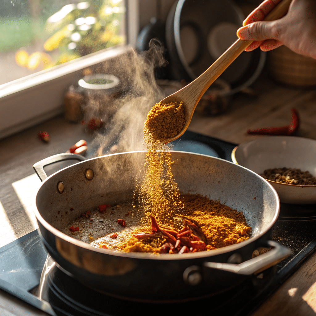 Toasting Spices for Vegan Curry Soup Close-up of saucepan with spices toasting in oil, hand stirring with wooden spoon.