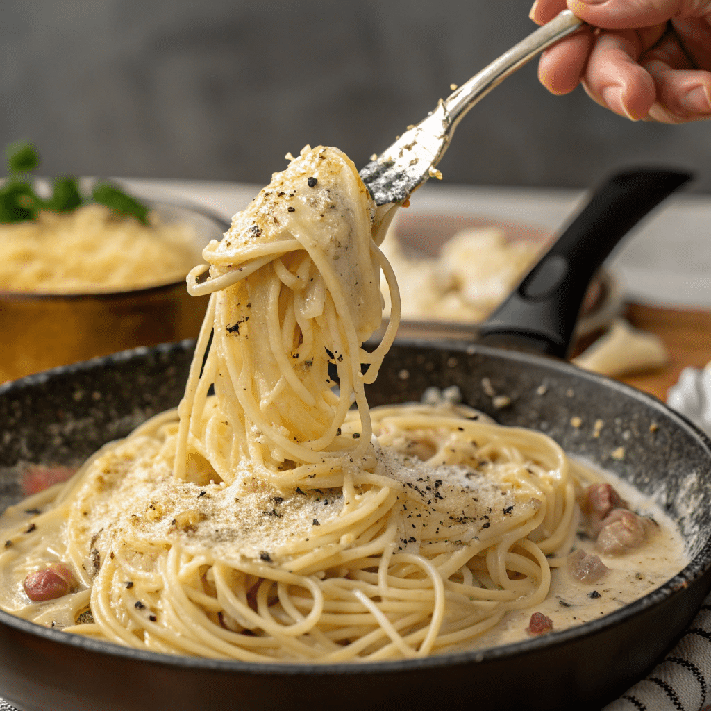 7 Easy Italian Pasta Recipes That Taste Like Home 2 Pasta in pan with cheese and pepper being stirred for Italian pasta recipes like cacio e pepe.