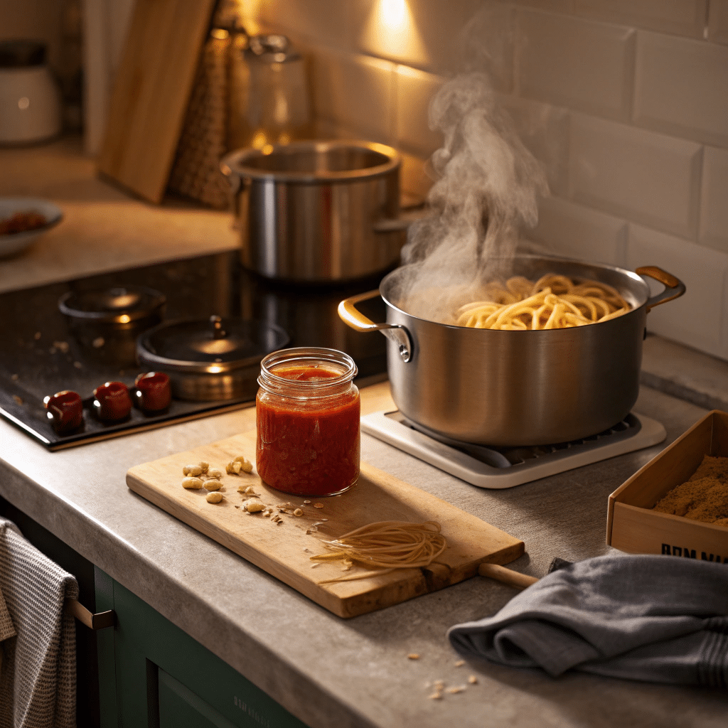 Starting a Journey with Italian Pasta Recipes Home kitchen with pasta boiling and open sauce jar showing the start of Italian pasta recipes.