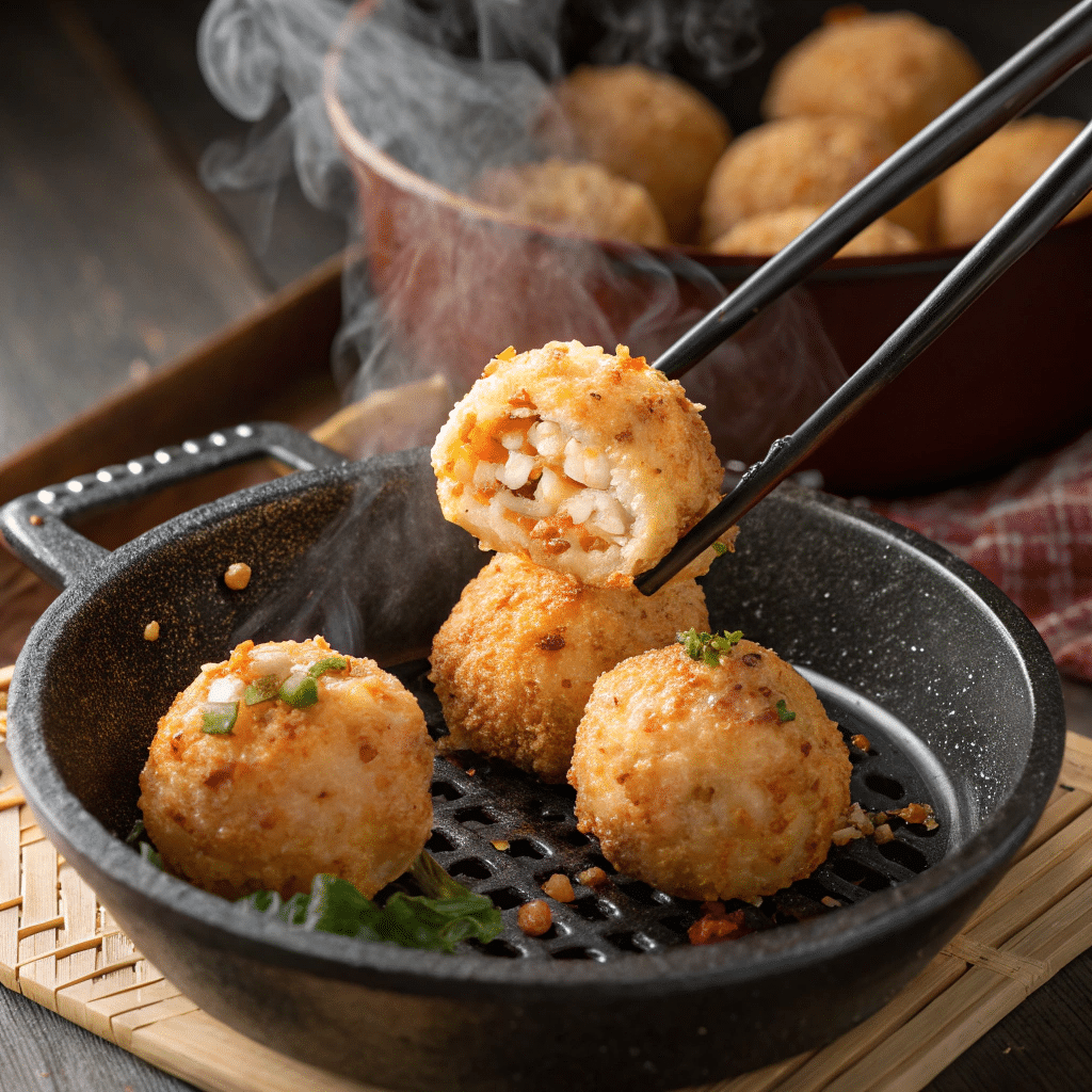 cooked-kimchi-cheese-rice-balls Cooked kimchi and cheese rice balls from skillet