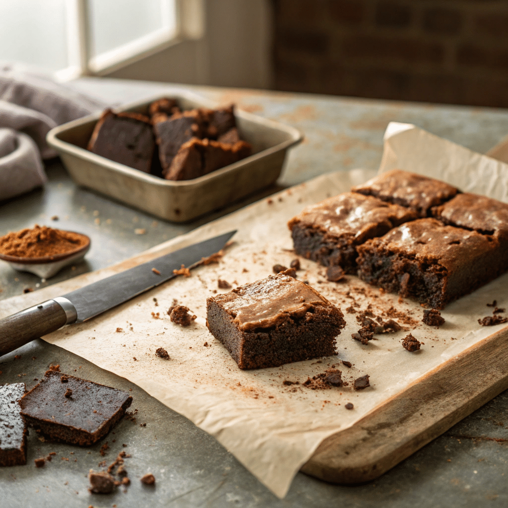 Fudgy Vegan Black Bean Brownies Fresh from the Oven Homemade black bean brownies with crumbs and chocolate smudges