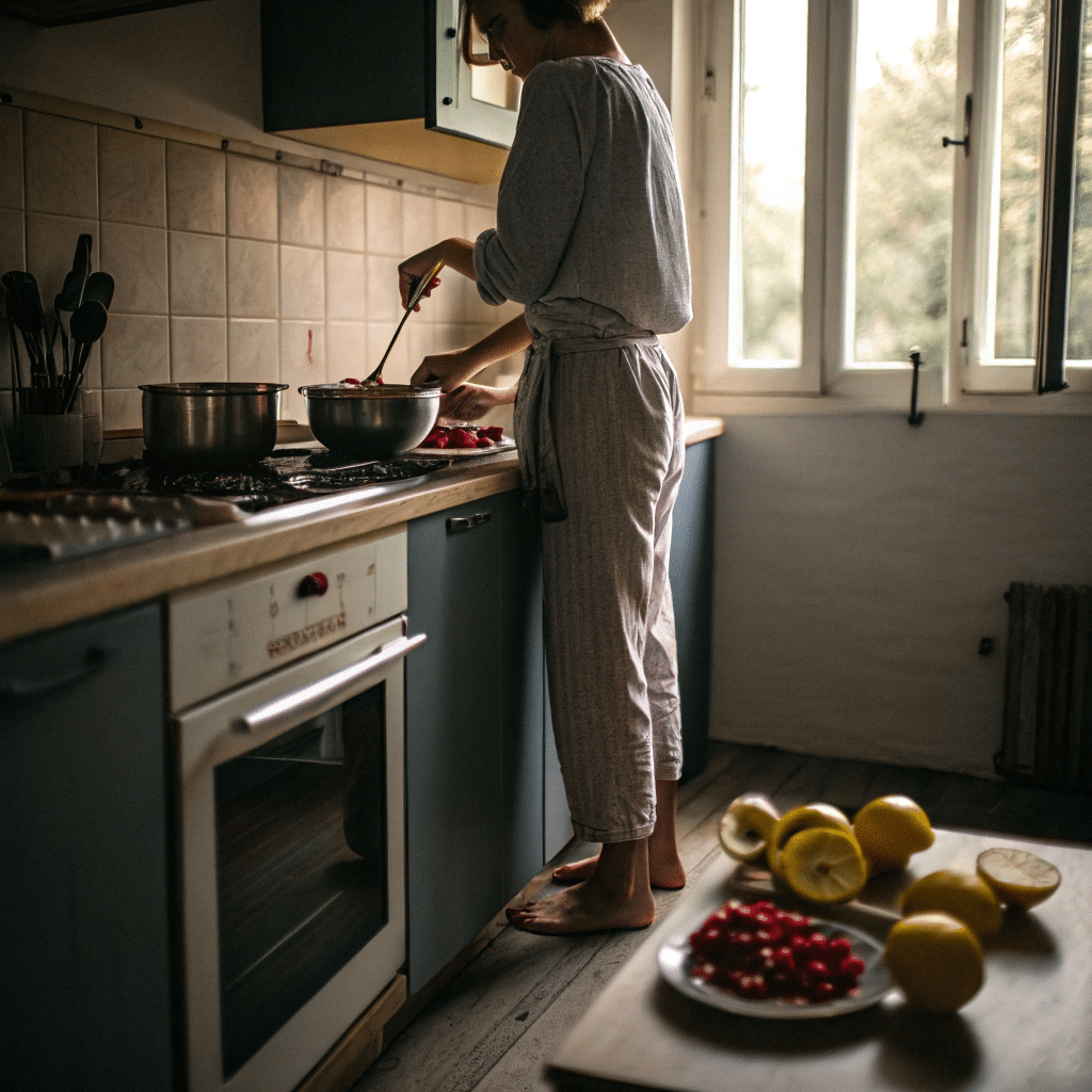 Barefoot in the Kitchen: Where Summer Slows Down dim summer morning in a small home kitchen barefo