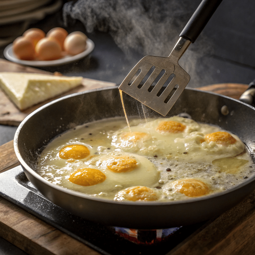stirring-eggs-french-omelette Stirring eggs gently in skillet