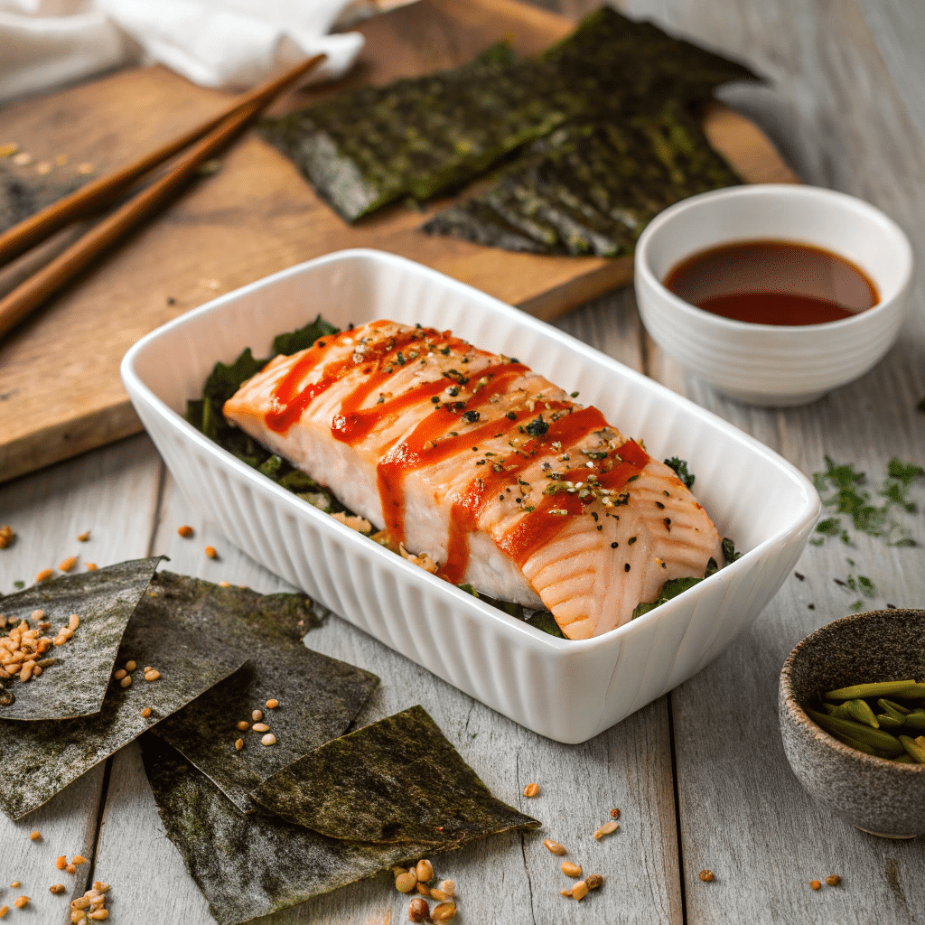 Salmon sushi bake with creamy topping and furikake