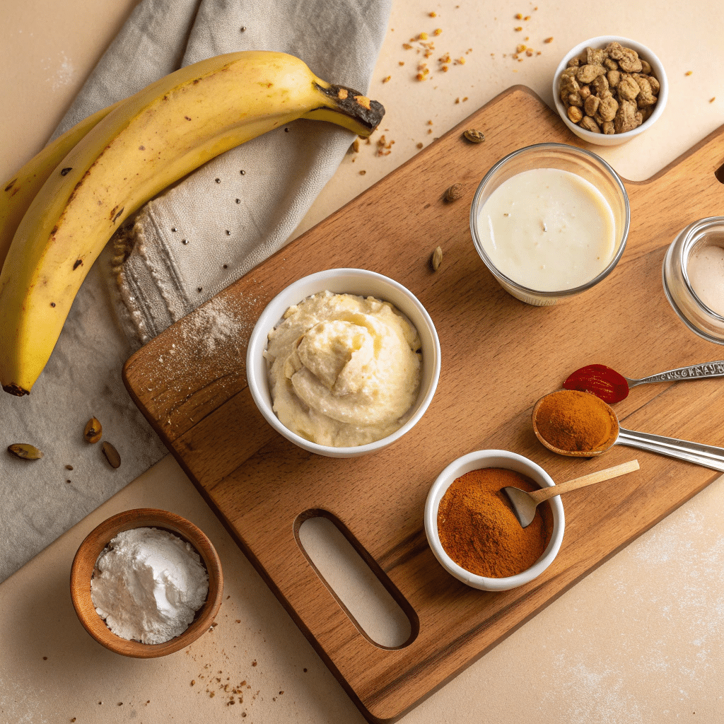 Ingredients That Keep Protein Baking Moist and Balanced Ingredients like banana and Greek yogurt with scoop of protein powder on cutting board