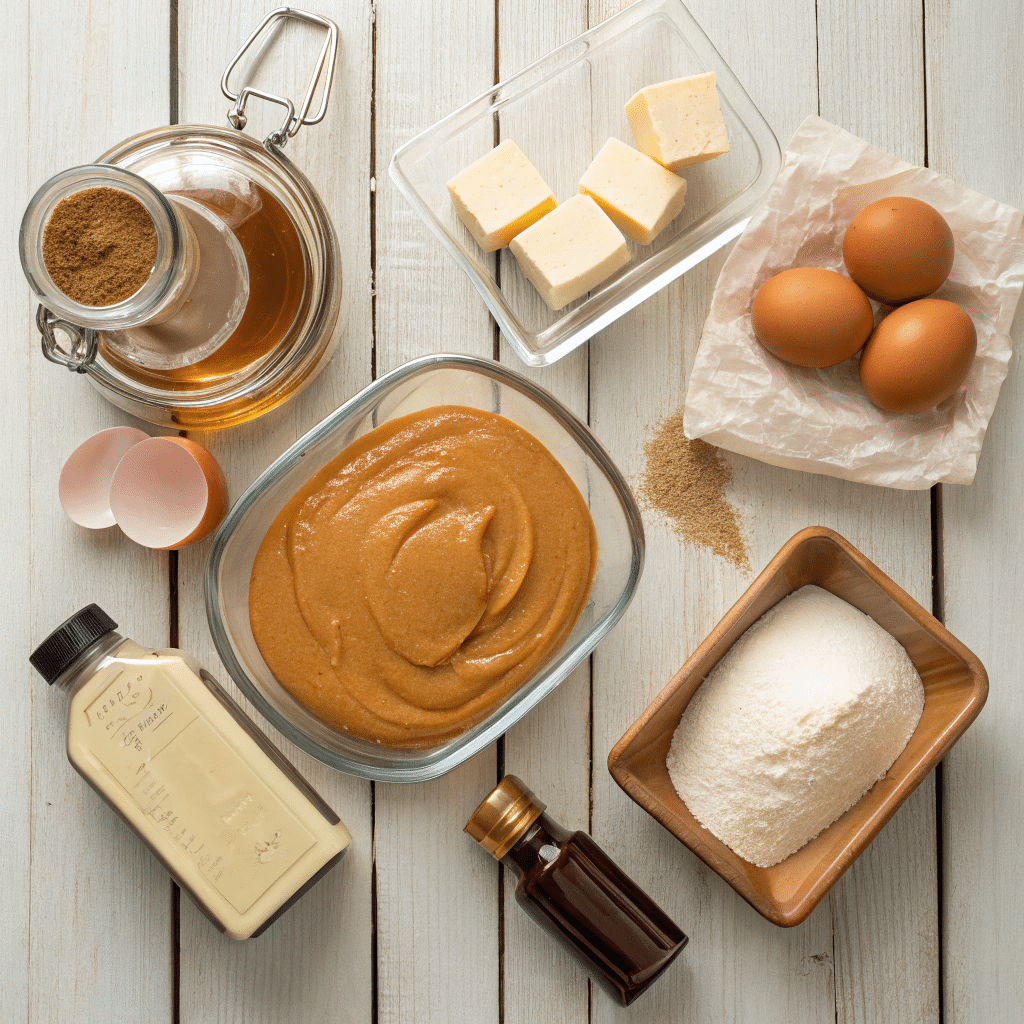 butterscotch-cake-with-caramel-frosting flat lay of ingredients for butterscotch cake with