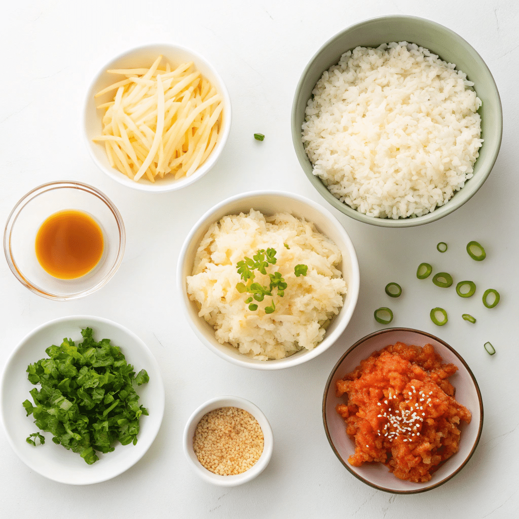 kimchi-cheese-rice-balls-ingredients flat lay of ingredients for kimchi and cheese rice