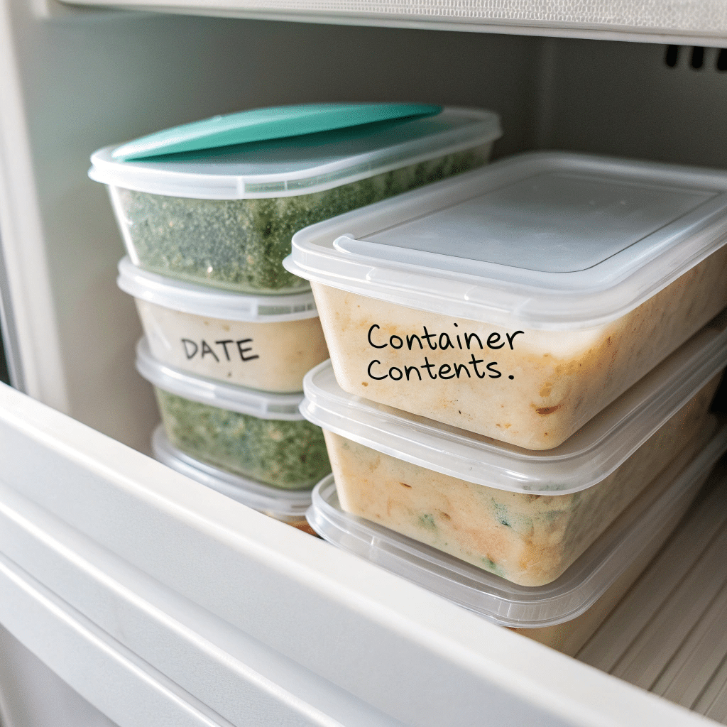 Storing Vegan Meal Prep in Freezer with Labels freezer drawer half filled with stacked containers