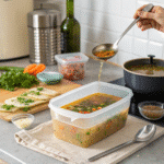 This Creamy Vegan Curry Soup Is Comfort in a Bowl 4 Vegan curry soup broth being stored in a plastic container for freezing.