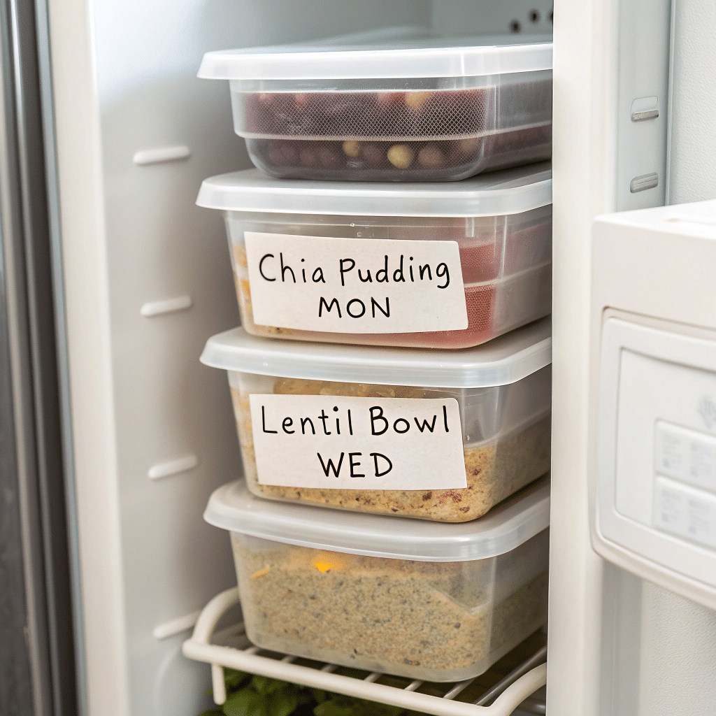 Fully Prepped Fridge with Labeled Vegan Meals fridge open with labeled containers stacked neatly