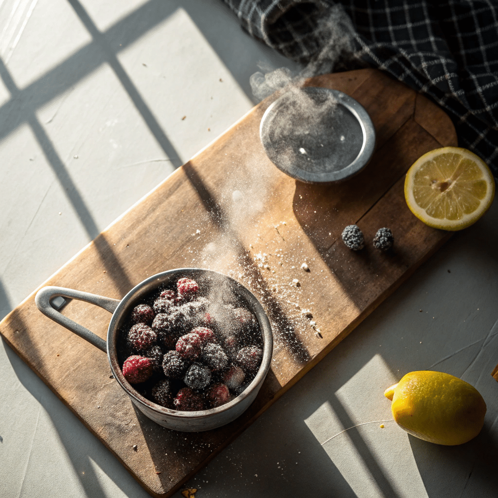 Start Simple: Just Toss Them In Frozen blackberries in a saucepan on the stove with water and lemon halves nearby.