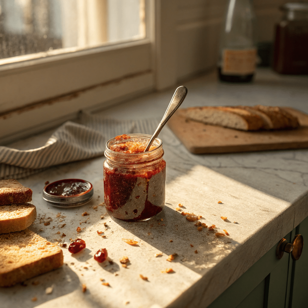 Just You, Toast, and a Jar of Jam Jam jar and toast with bite taken, spoon resting nearby, hand reaching in on a softly lit kitchen table.