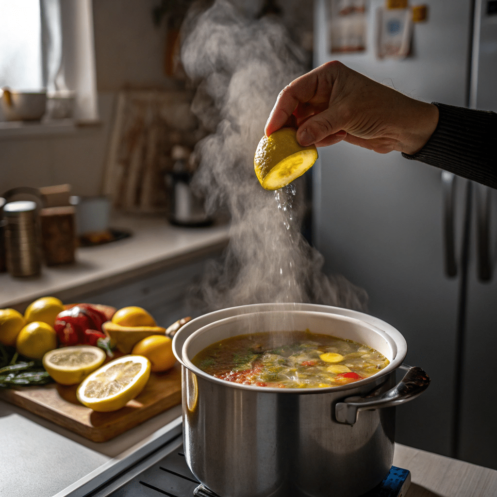 Final Touch of Lemon Hand squeezing lemon over steaming vegan curry soup.