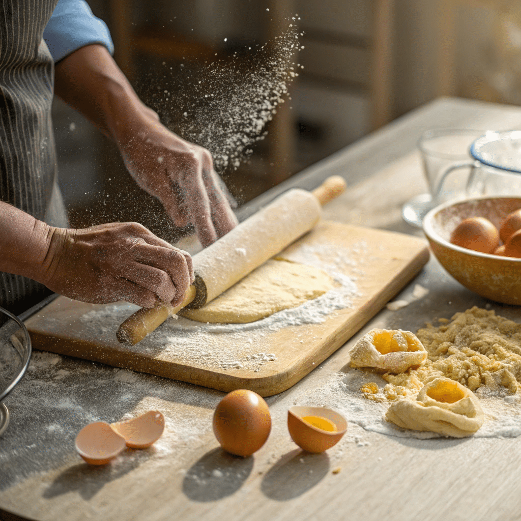 Making Pasta Dough for Italian Recipes Hands kneading pasta dough from scratch for Italian pasta recipes on floured board.