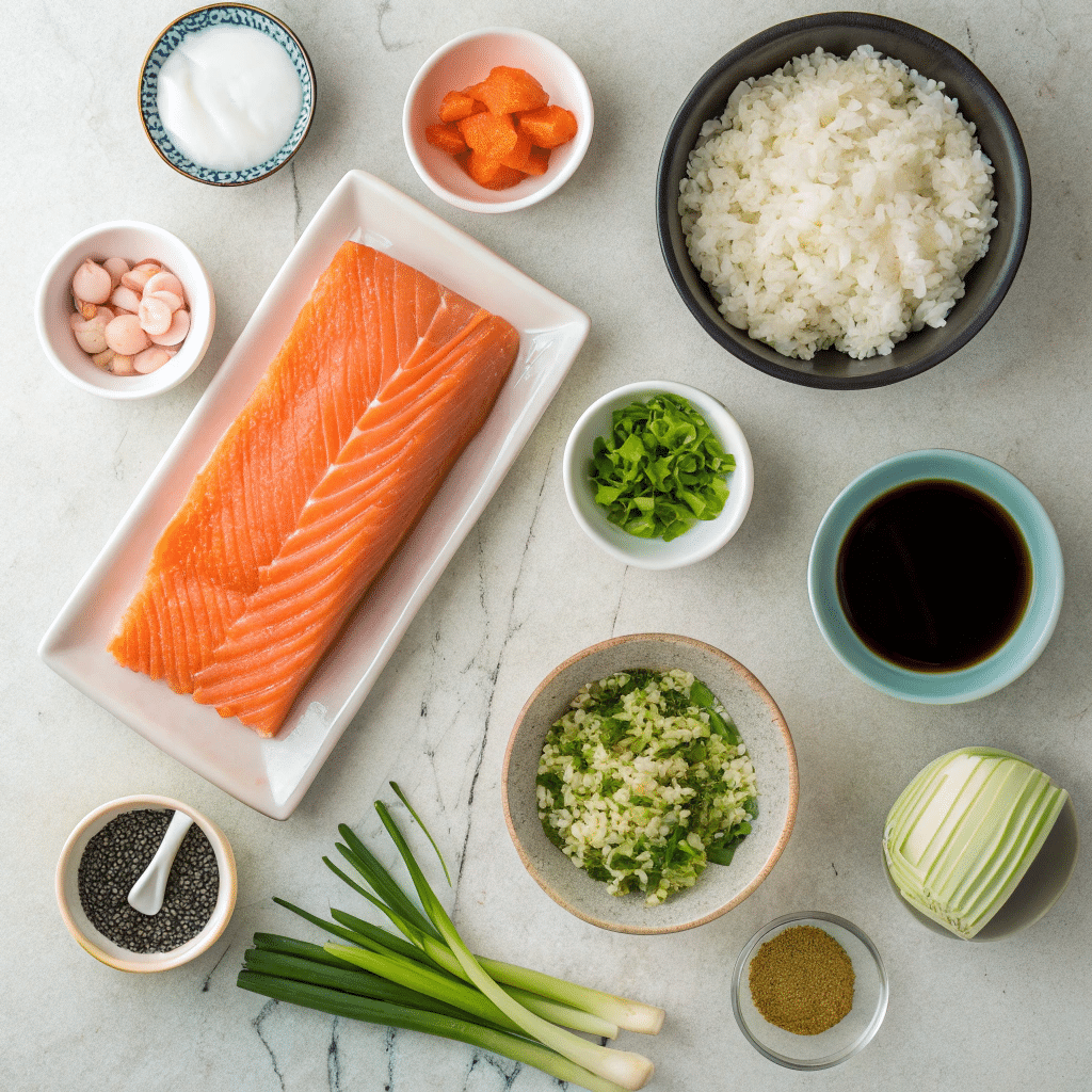 salmon-sushi-bake-recipe Salmon sushi bake with creamy topping and furikake